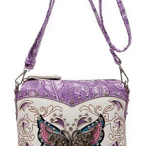 Western Style Metal Butterfly Rhinestone Studded Floral Tooled Leather Women Pur